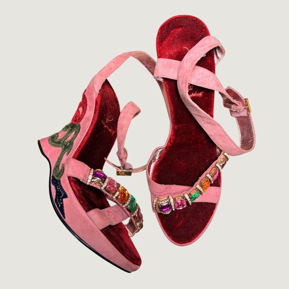 Y2K Rare Grail Baby Phat Pink Suede Wedge Sandals Gemstone Embroidered Heels